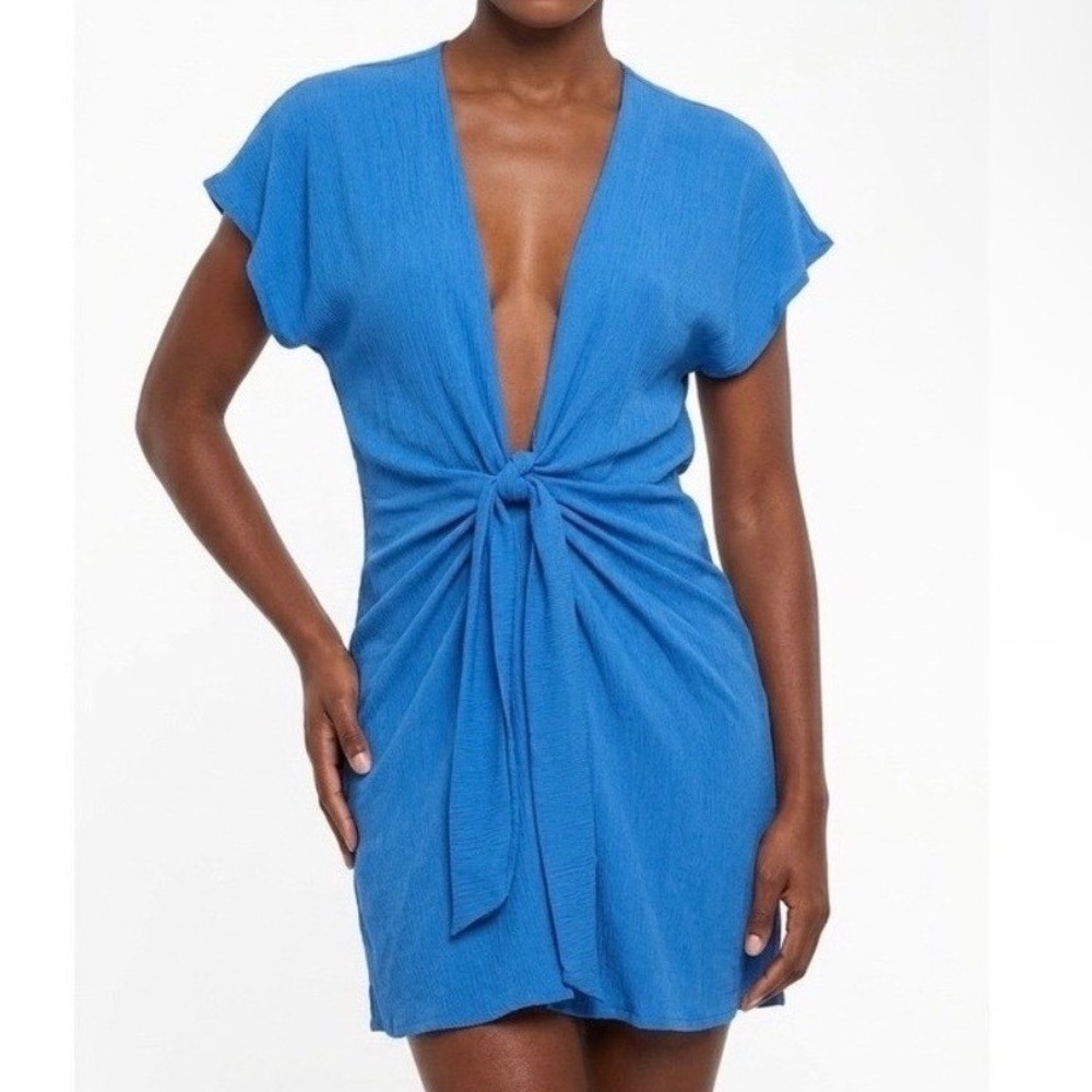 Elan Blue Front Tie Deep wrap dress cover up RG6029 NWT Womens Small